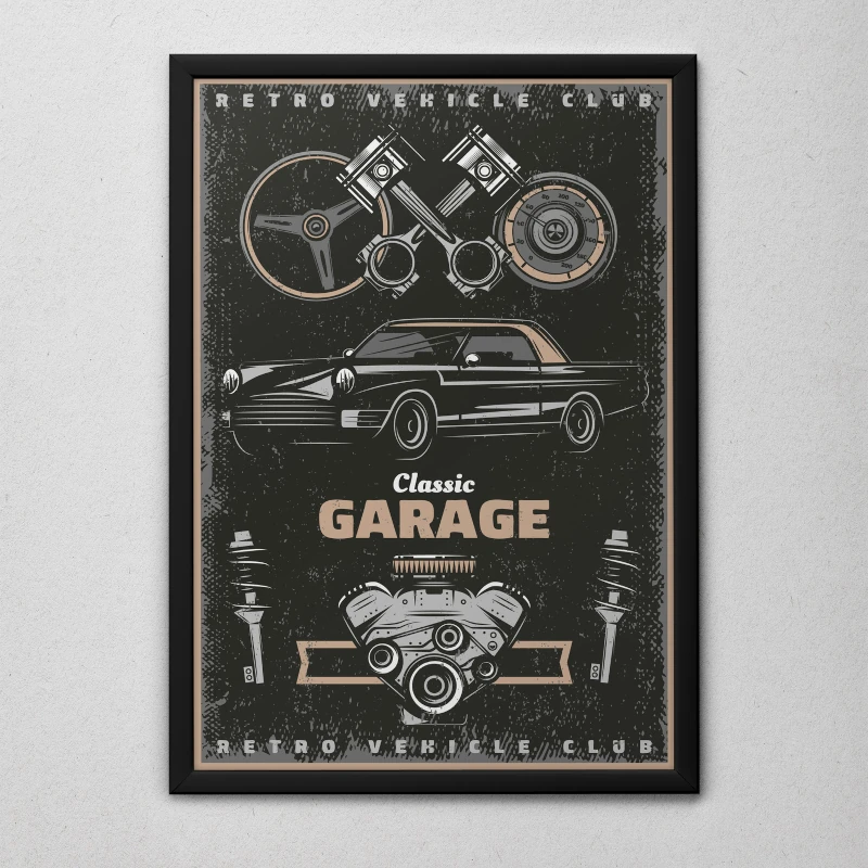 Quadro Carro Retrô “Classic Garage” Moldura Preta