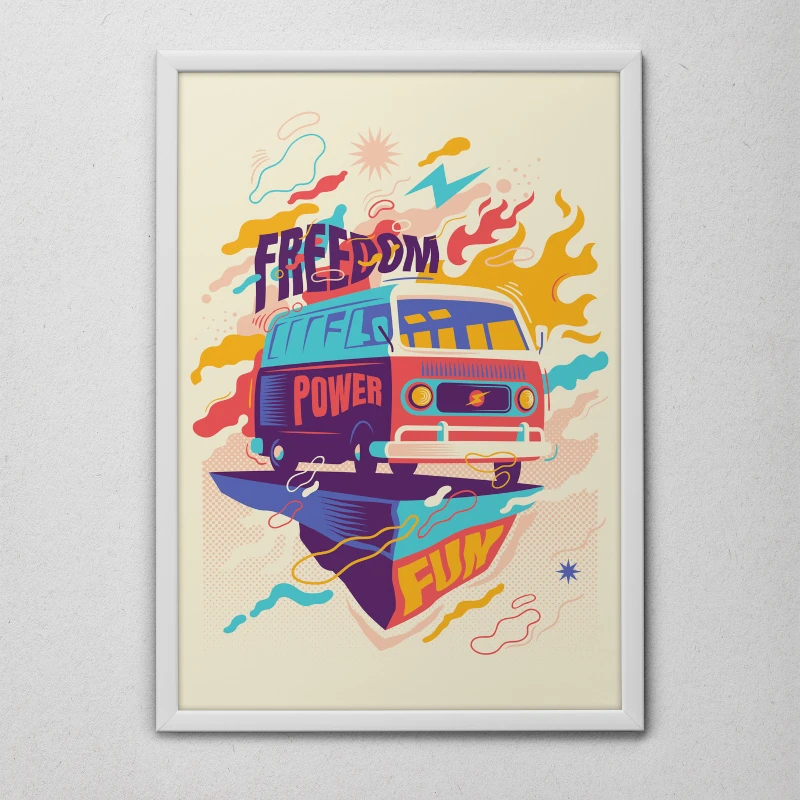 Quadro Decorativo Kombi Psicodélica Moldura Branca