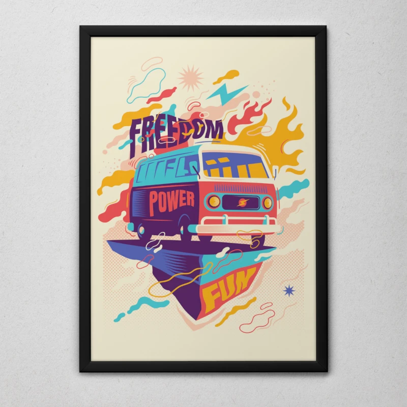 Quadro Decorativo Kombi Psicodélica Moldura Preta