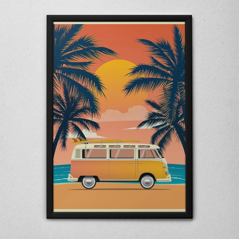 Quadro Kombi na Praia com Por do Sol Moldura Preta